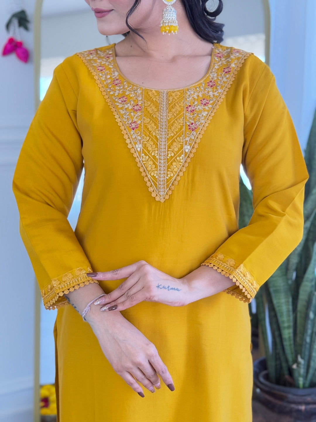 YELLOW COLOURED  WOMEN'S CHANDERI SILK   KURTA  WITH PANT DUPATTA  SET