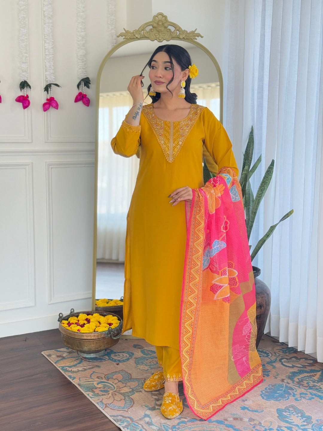 YELLOW COLOURED  WOMEN'S CHANDERI SILK   KURTA  WITH PANT DUPATTA  SET