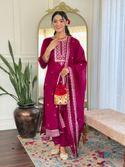 RED PINK  COLOURED  WOMEN'S CP VICHITRA EMBROIDERED STRAIGHT   KURTA  WITH PANT DUPATTA  SET