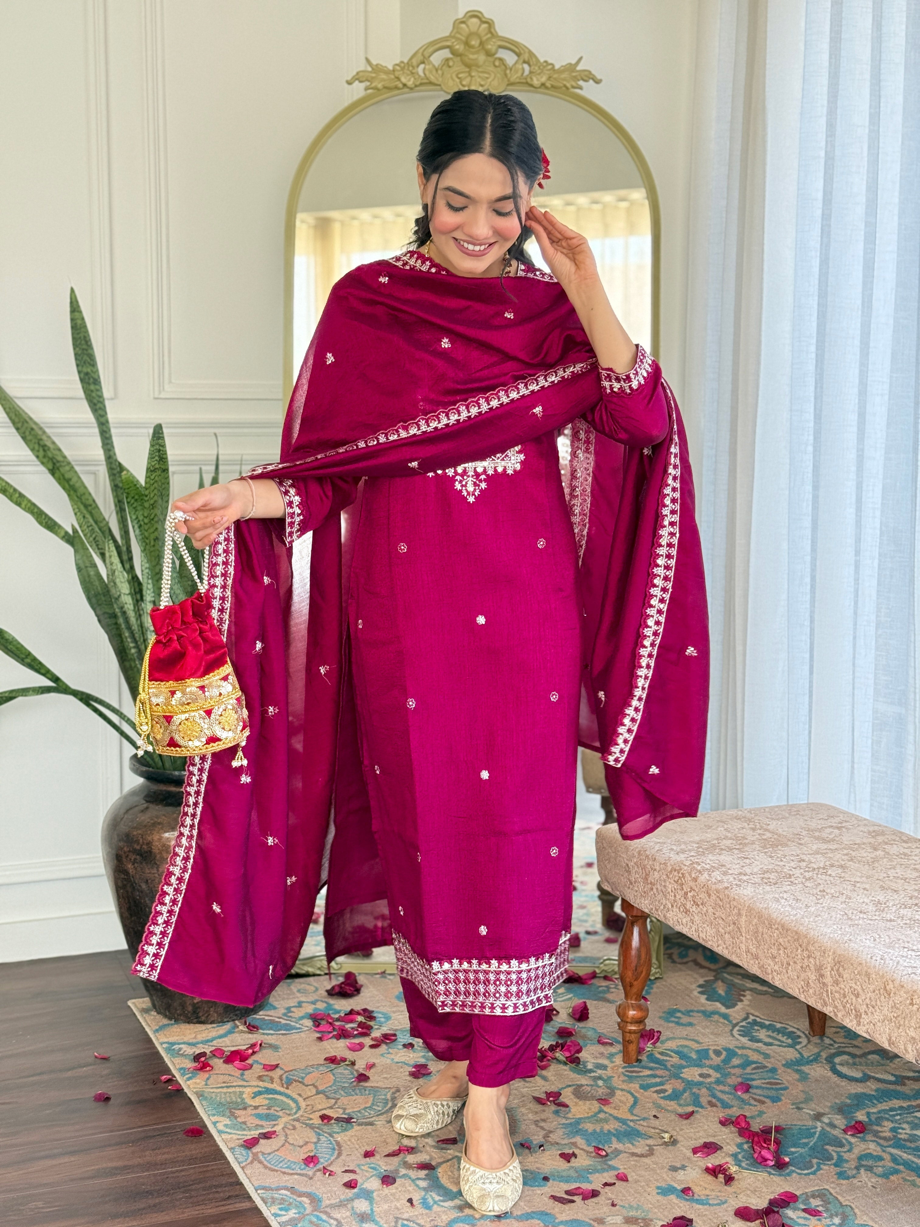 RED PINK  COLOURED  WOMEN'S CP VICHITRA EMBROIDERED STRAIGHT   KURTA  WITH PANT DUPATTA  SET