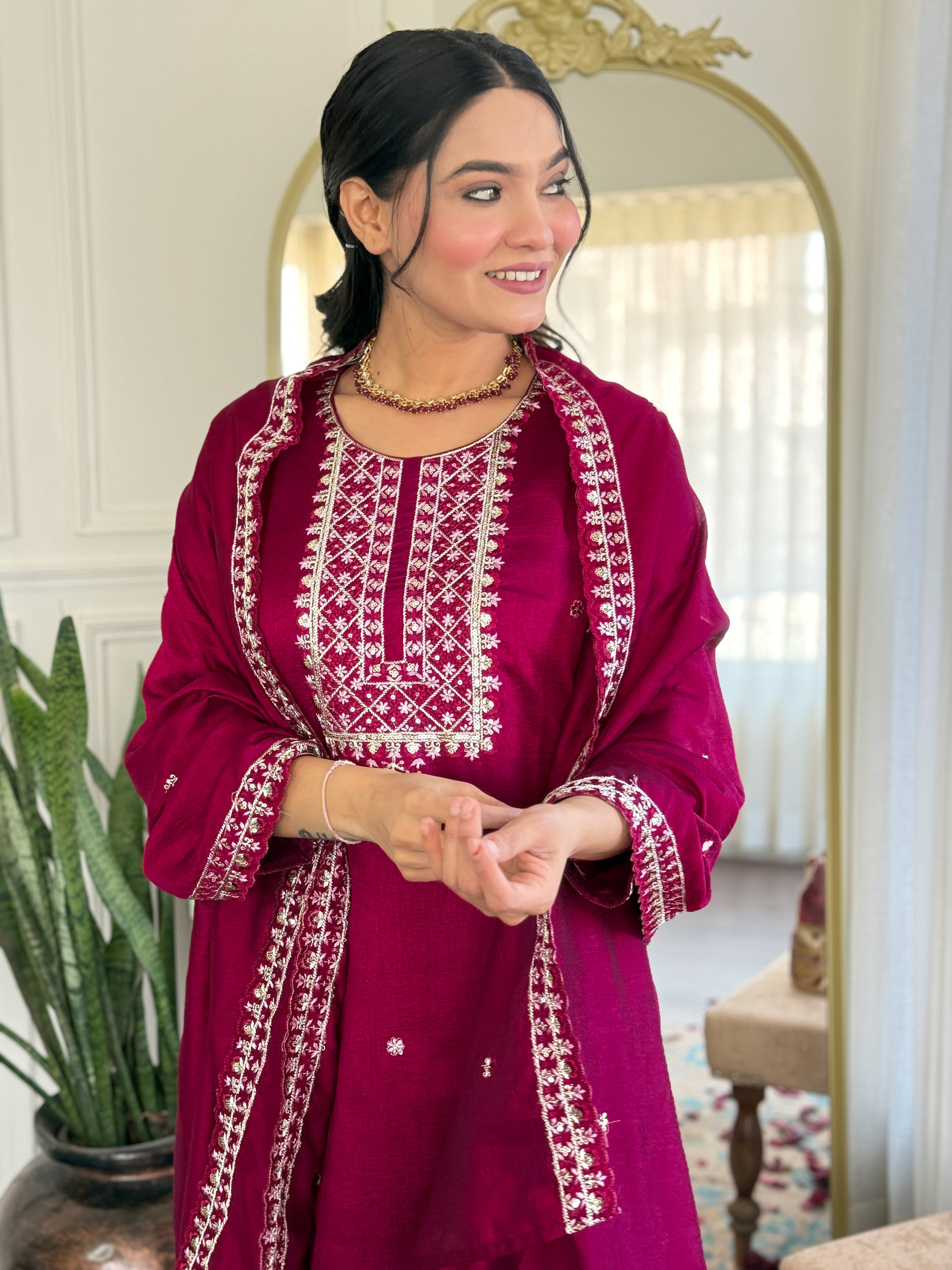 RED PINK  COLOURED  WOMEN'S CP VICHITRA EMBROIDERED STRAIGHT   KURTA  WITH PANT DUPATTA  SET
