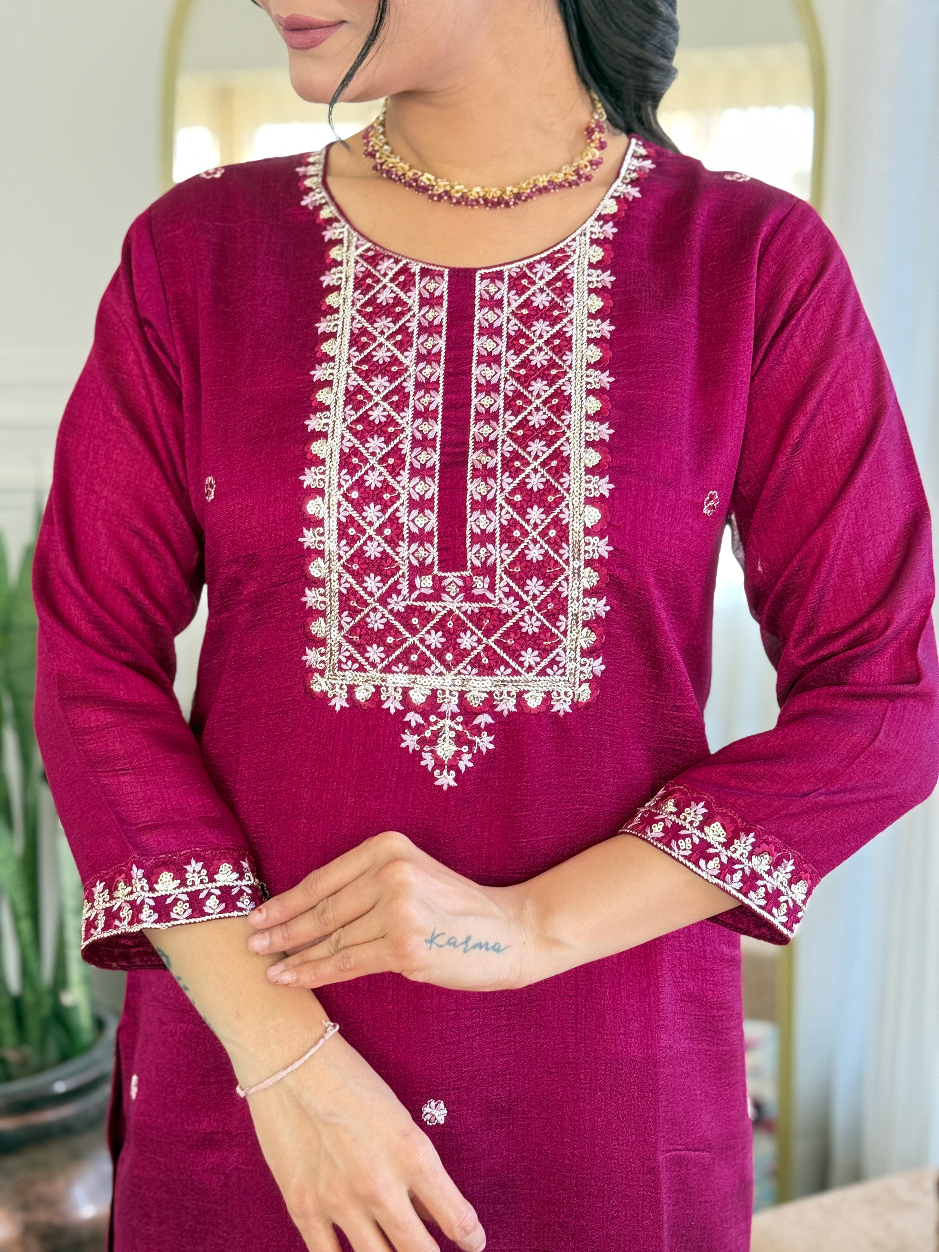 RED PINK  COLOURED  WOMEN'S CP VICHITRA EMBROIDERED STRAIGHT   KURTA  WITH PANT DUPATTA  SET