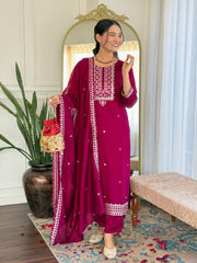 RED PINK  COLOURED  WOMEN'S CP VICHITRA EMBROIDERED STRAIGHT   KURTA  WITH PANT DUPATTA  SET