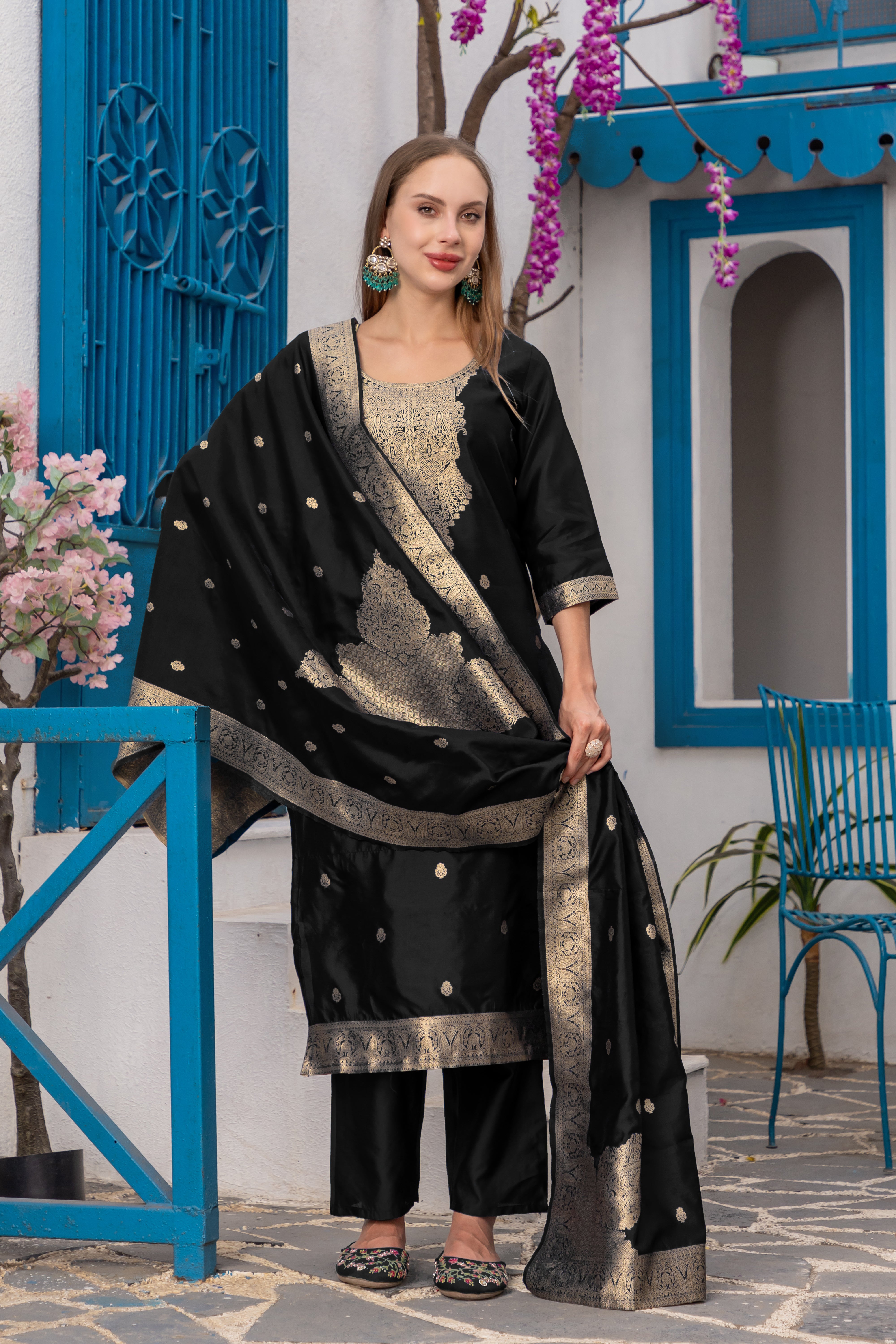 Black Jacquard Silk Kurta Set with Heavy Silk Bottom & Dupatta | Readymade Indian Suit | Size S–XXL | Elegant Party Wear for Women in Malaysia