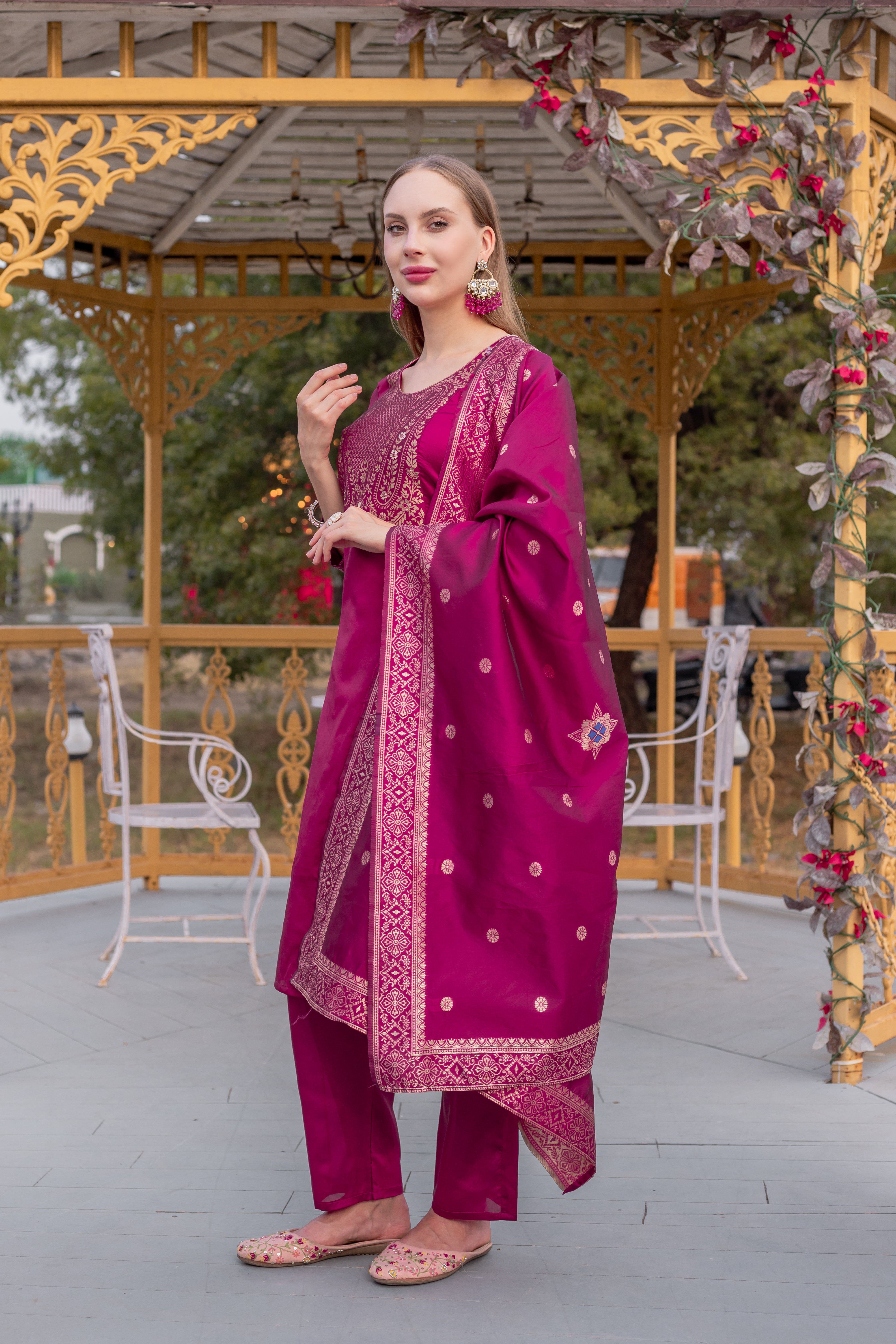 Sadgi Cherry Soft Silk Kurta Set with Bottom & Jacquard Dupatta | Elegant Jacquard Work | Festive & Party Wear – Malaysia