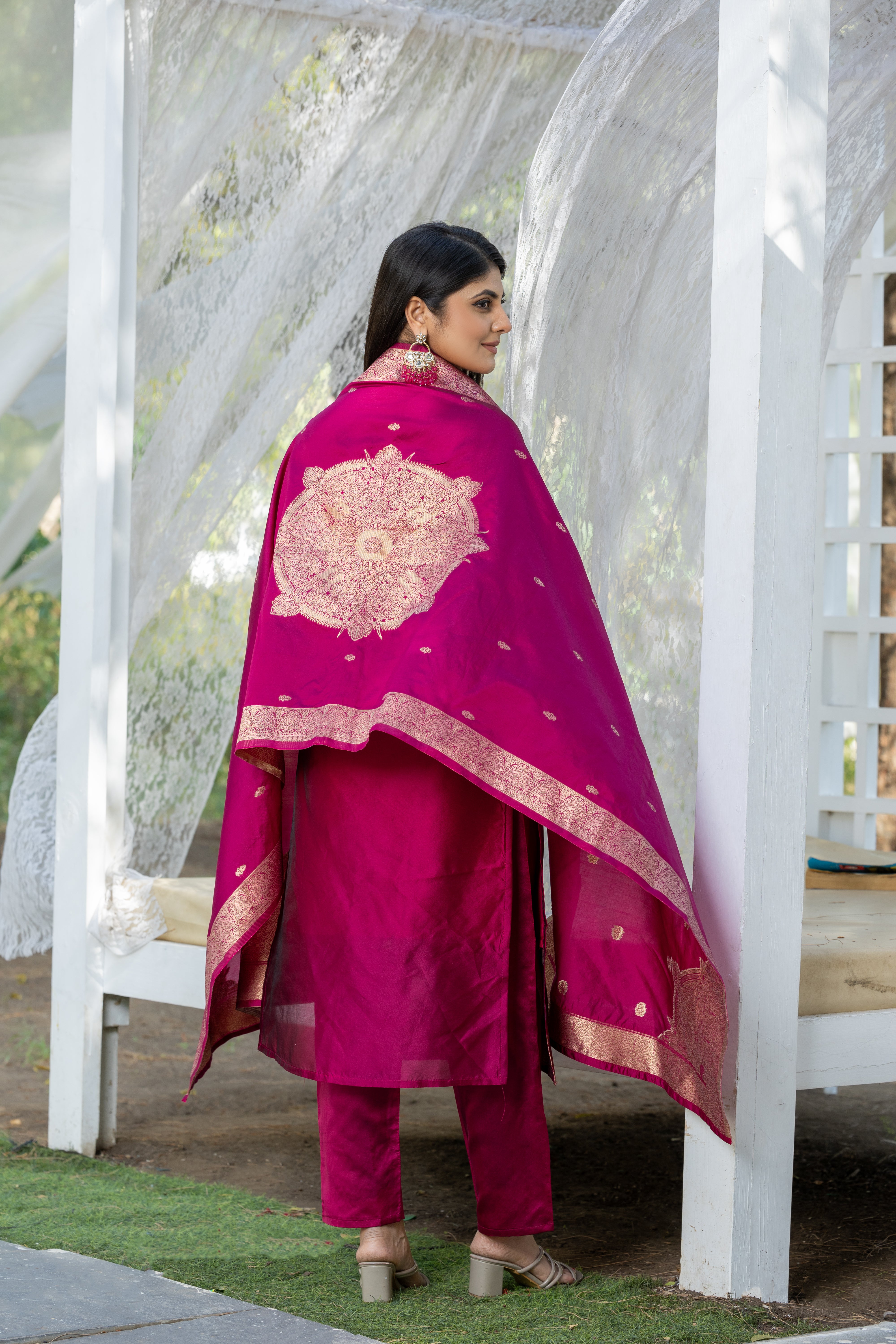 Sandhya Cherry Soft Silk Kurta Set with Polyester Bottom & Jacquard Dupatta | Stylish Festive & Party Wear – Malaysia
