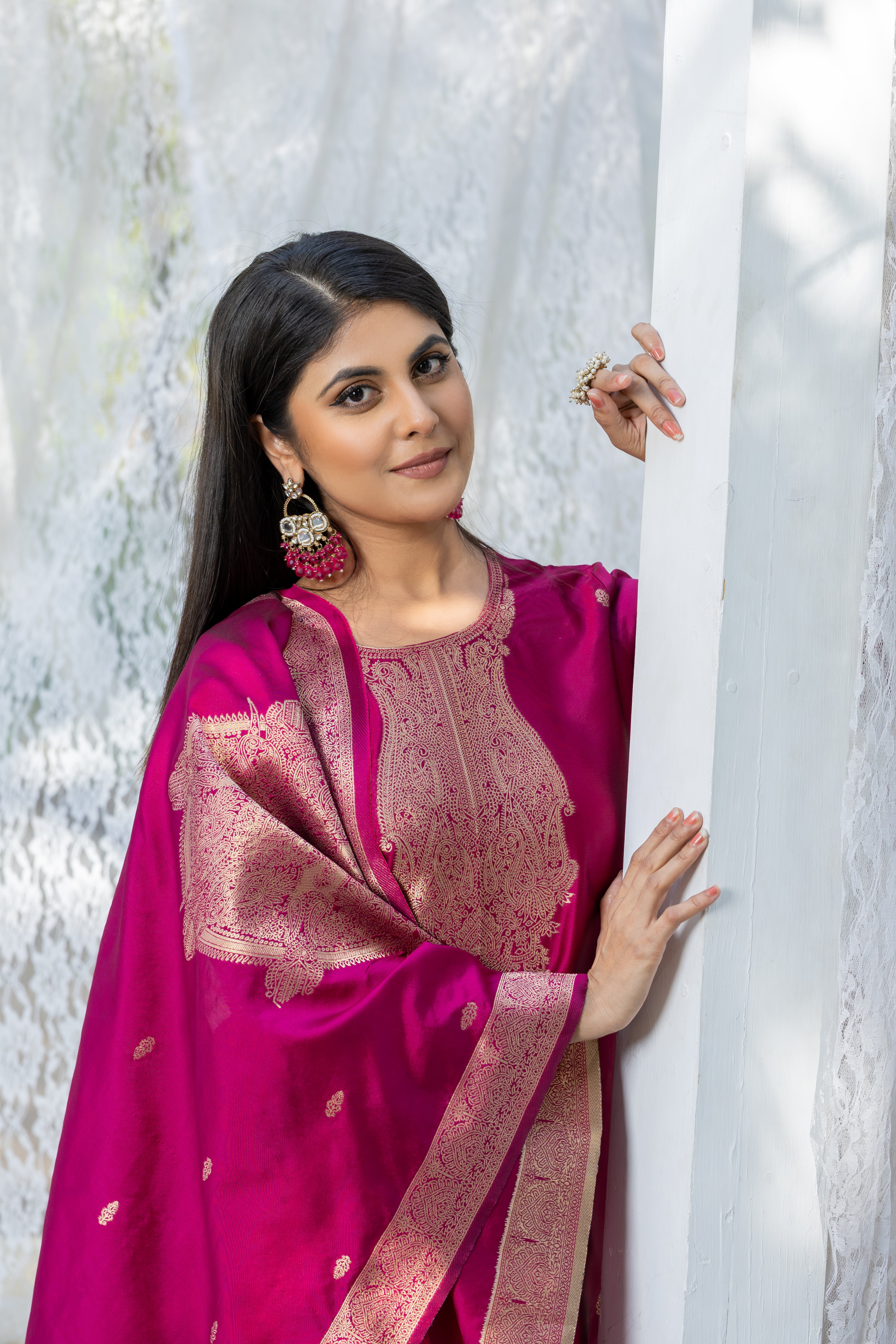 Sandhya Cherry Soft Silk Kurta Set with Polyester Bottom & Jacquard Dupatta | Stylish Festive & Party Wear – Malaysia