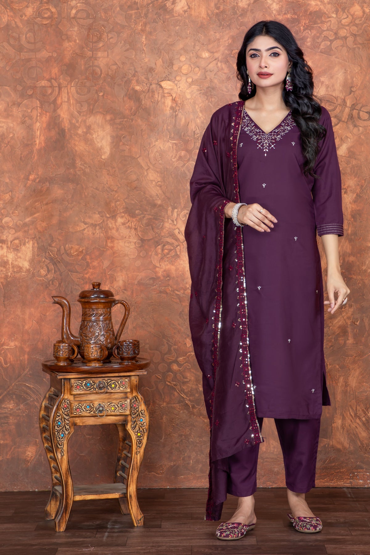 DARK WINE  COLOURED  WOMEN'S ROMAN SILK EMBROIDERED  KURTA WITH PANT DUPATTA  SET