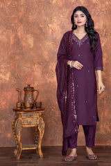 DARK WINE  COLOURED  WOMEN'S ROMAN SILK EMBROIDERED  KURTA WITH PANT DUPATTA  SET