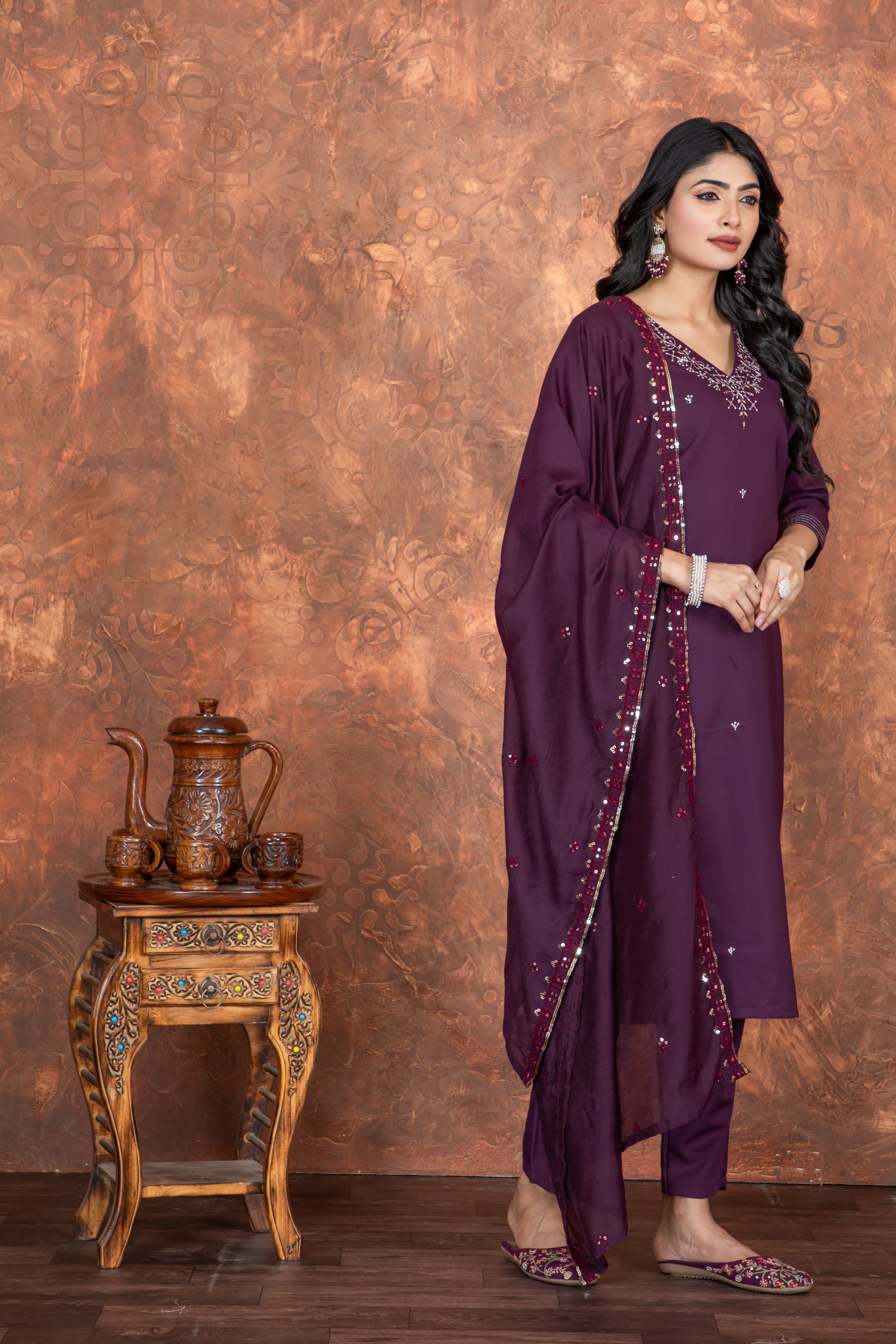 DARK WINE  COLOURED  WOMEN'S ROMAN SILK EMBROIDERED  KURTA WITH PANT DUPATTA  SET