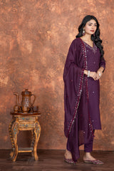 DARK WINE  COLOURED  WOMEN'S ROMAN SILK EMBROIDERED  KURTA WITH PANT DUPATTA  SET