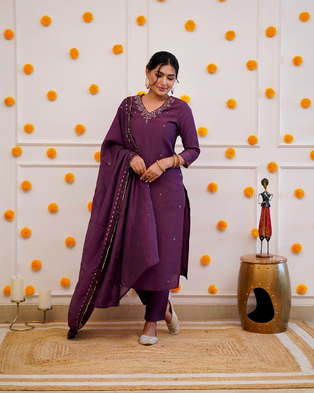 DARK WINE  COLOURED  WOMEN'S ROMAN SILK EMBROIDERED  KURTA WITH PANT DUPATTA  SET