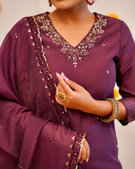 DARK WINE  COLOURED  WOMEN'S ROMAN SILK EMBROIDERED  KURTA WITH PANT DUPATTA  SET