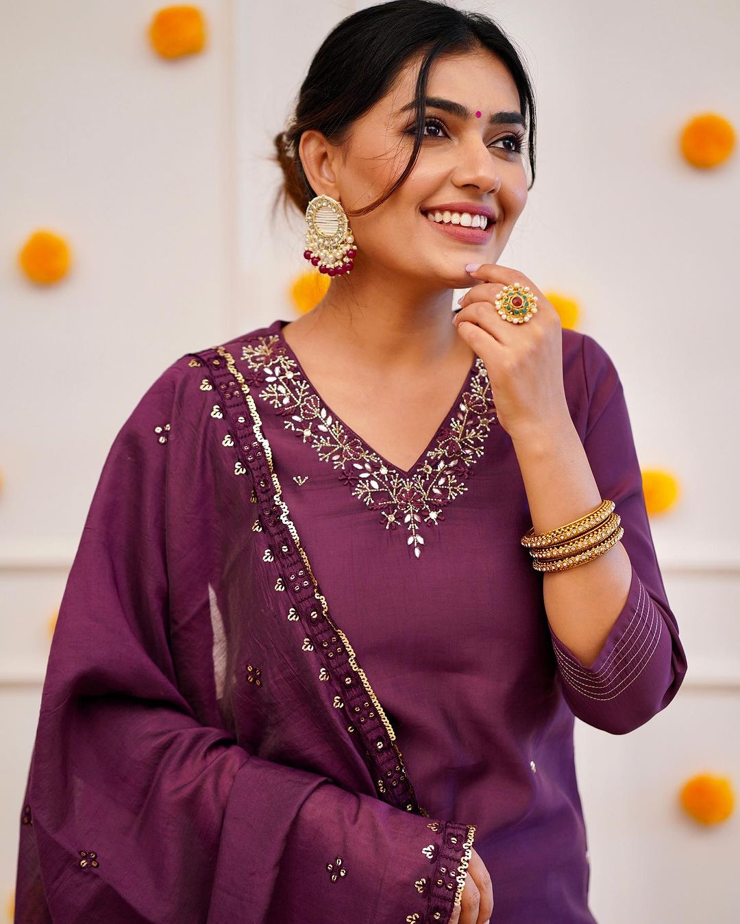 DARK WINE  COLOURED  WOMEN'S ROMAN SILK EMBROIDERED  KURTA WITH PANT DUPATTA  SET