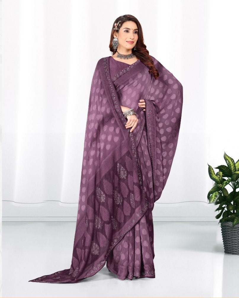 Georgette Diamond work Brasso cut Swarovski saree with blouse for women