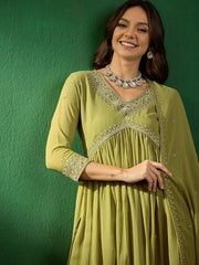 MAHENDI  COLOURED  WOMEN'S GEORGETTE ZOMATO  EMBROIDERED  KURTA WITH PANT DUPATTA SET