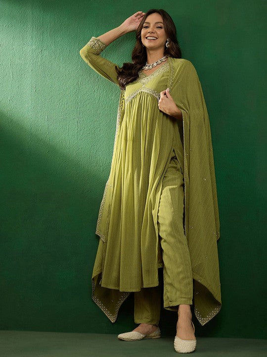 MAHENDI  COLOURED  WOMEN'S GEORGETTE ZOMATO  EMBROIDERED  KURTA WITH PANT DUPATTA SET
