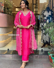 SNAPINSTA PINK COLOURED  WOMEN'S VISCOSE EMBROIDERED  KURTA WITH PANT DUPATTA SET
