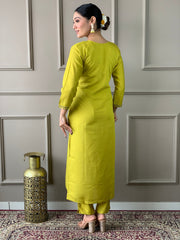 SOFIA YELLOW COLOURED  WOMEN'S VISCOSE CHANDERI EMBROIDERED  KURTA WITH PANT DUPATTA SET