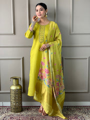 SOFIA YELLOW COLOURED  WOMEN'S VISCOSE CHANDERI EMBROIDERED  KURTA WITH PANT DUPATTA SET