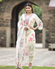 SONIKA WHITE  COLOURED  WOMEN'S GEORGETTE  EMBROIDERED  KURTA WITH PANT DUPATTA  SET