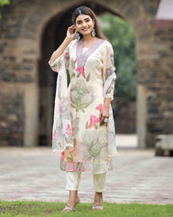 SONIKA WHITE  COLOURED  WOMEN'S GEORGETTE  EMBROIDERED  KURTA WITH PANT DUPATTA  SET