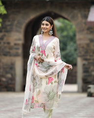 SONIKA WHITE  COLOURED  WOMEN'S GEORGETTE  EMBROIDERED  KURTA WITH PANT DUPATTA  SET