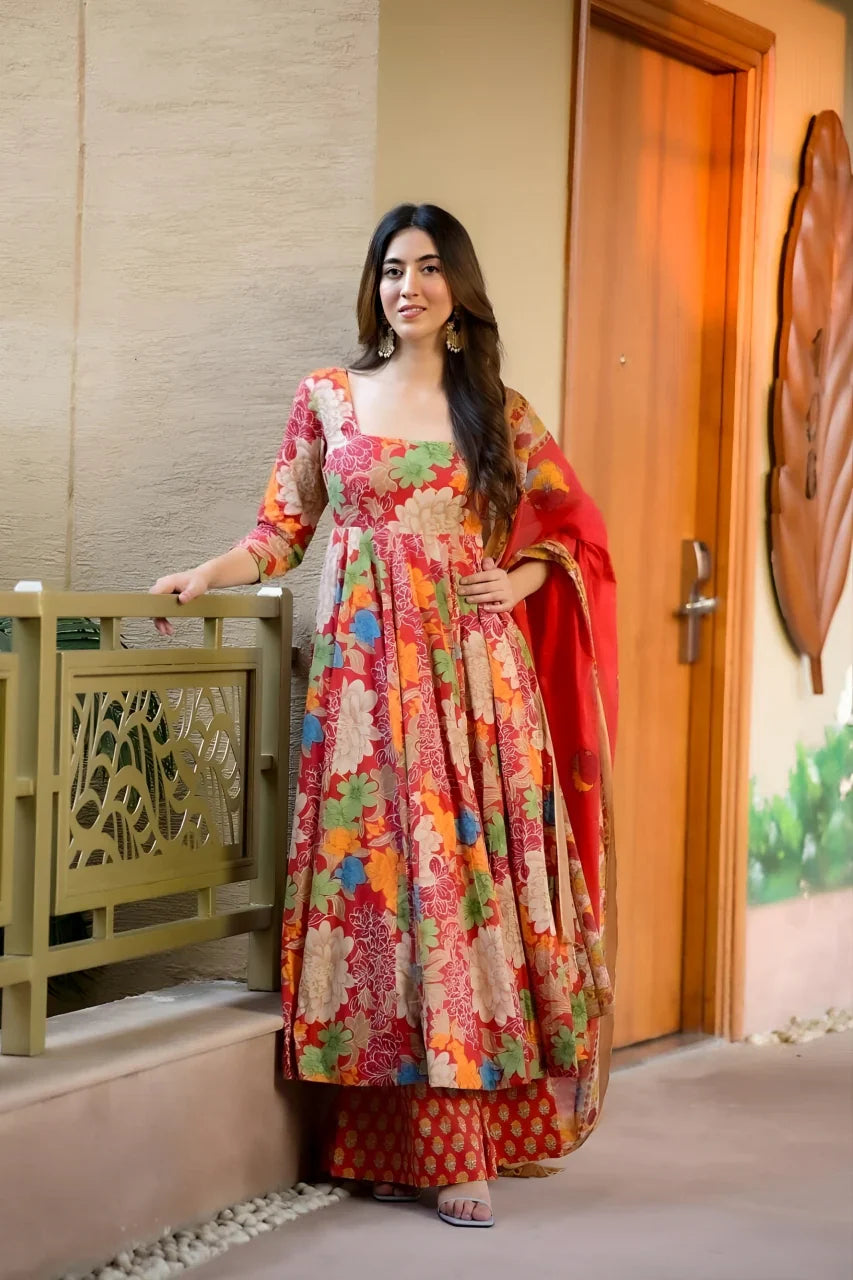 RED COLOURED  WOMEN'S CHANDERI COTTON KURTA WITH PANT DUPATTA  SET