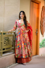 RED COLOURED  WOMEN'S CHANDERI COTTON KURTA WITH PANT DUPATTA  SET