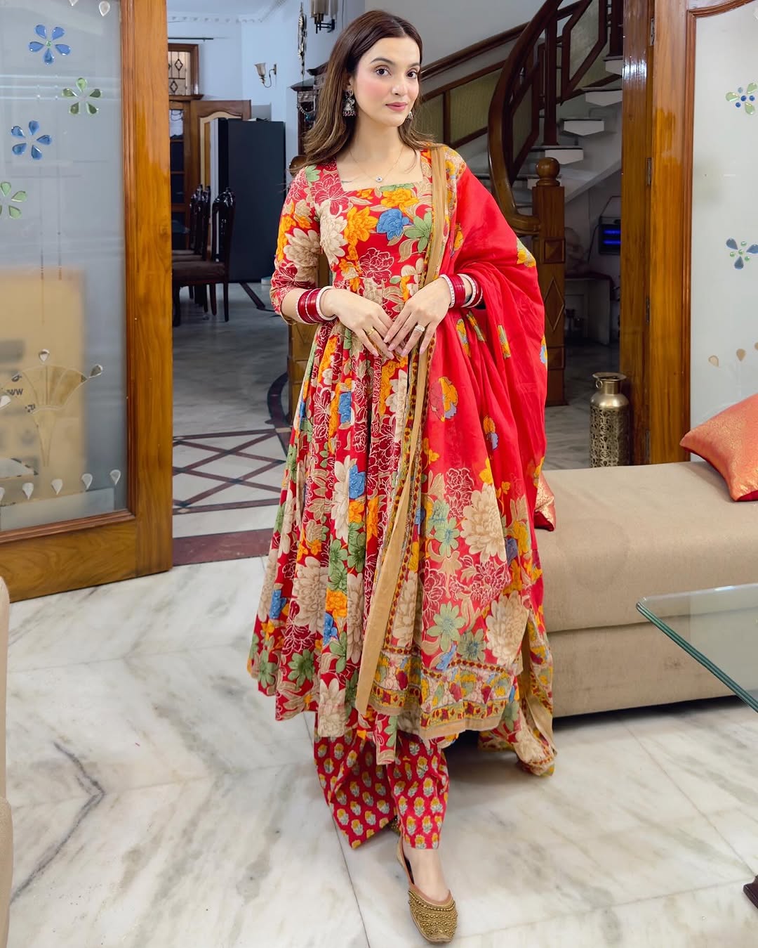 RED COLOURED  WOMEN'S CHANDERI COTTON KURTA WITH PANT DUPATTA  SET