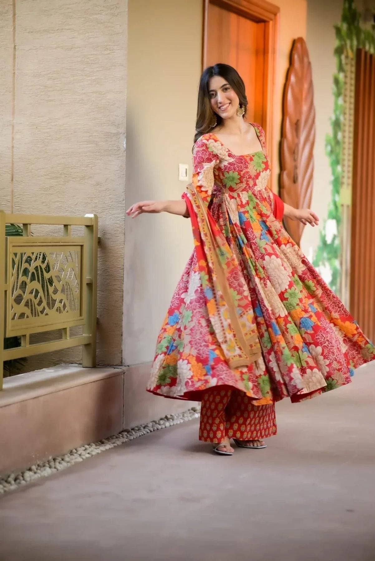 RED COLOURED  WOMEN'S CHANDERI COTTON KURTA WITH PANT DUPATTA  SET