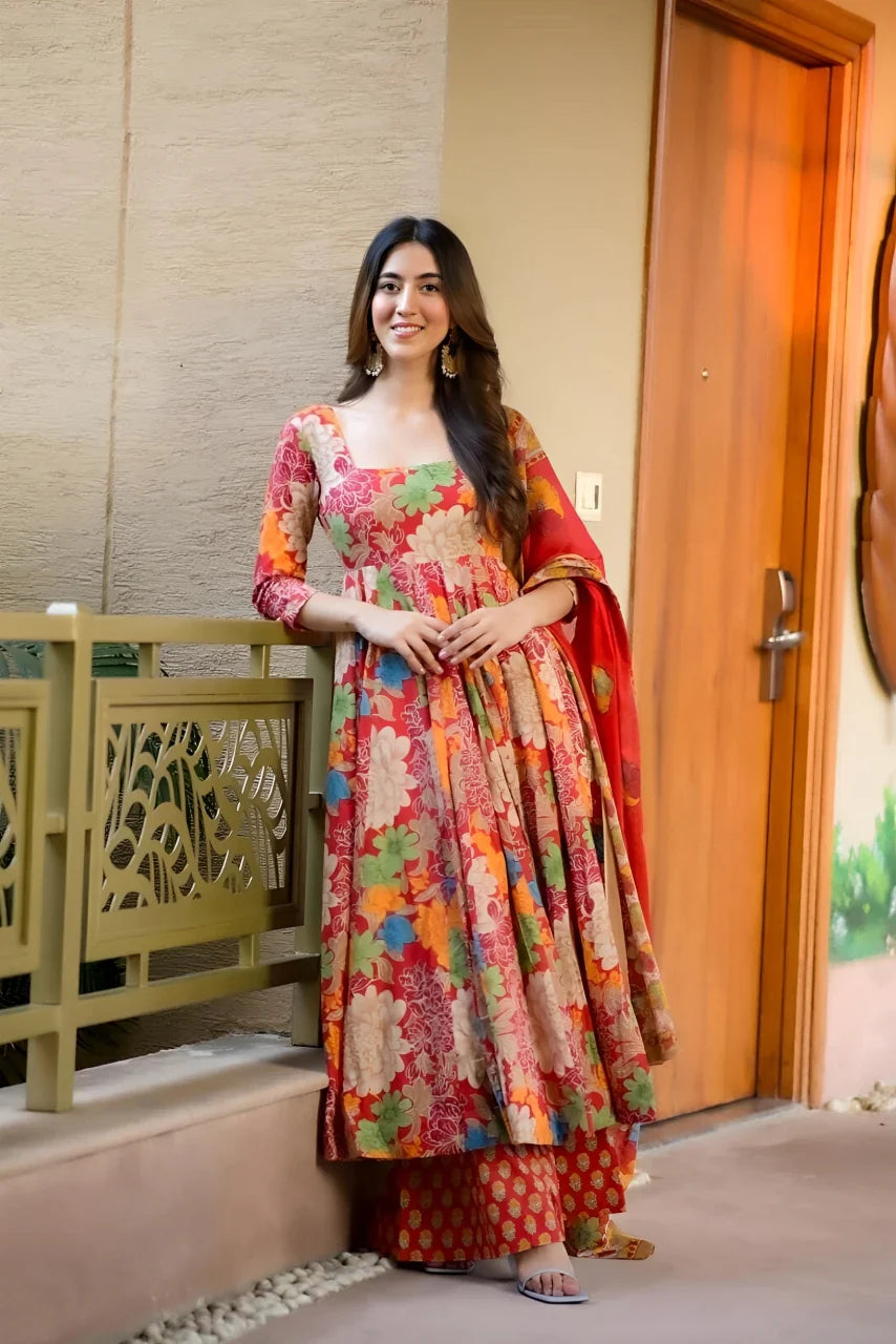 RED COLOURED  WOMEN'S CHANDERI COTTON KURTA WITH PANT DUPATTA  SET