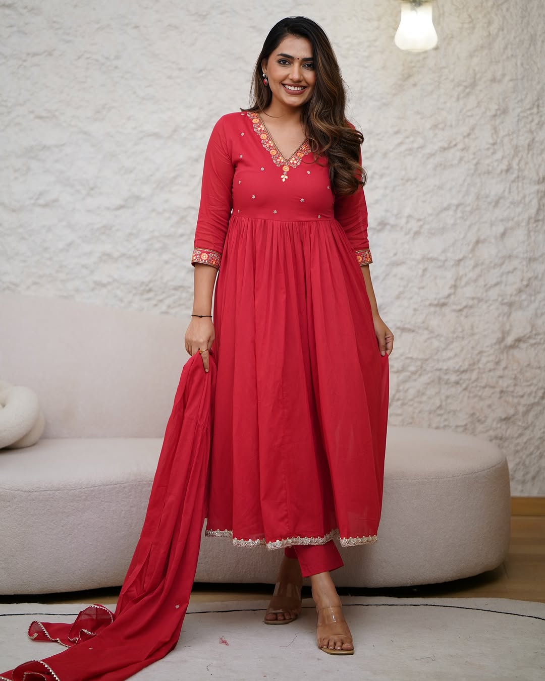 RED COLOURED  WOMEN'S VISCOSE DIAMOND GEORGETTE  EMBROIDERED   KURTA  WITH PANT DUPATTA  SET