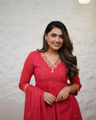 RED COLOURED  WOMEN'S VISCOSE DIAMOND GEORGETTE  EMBROIDERED   KURTA  WITH PANT DUPATTA  SET