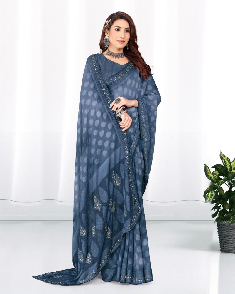 Georgette Diamond work Brasso cut Swarovski saree with blouse for women