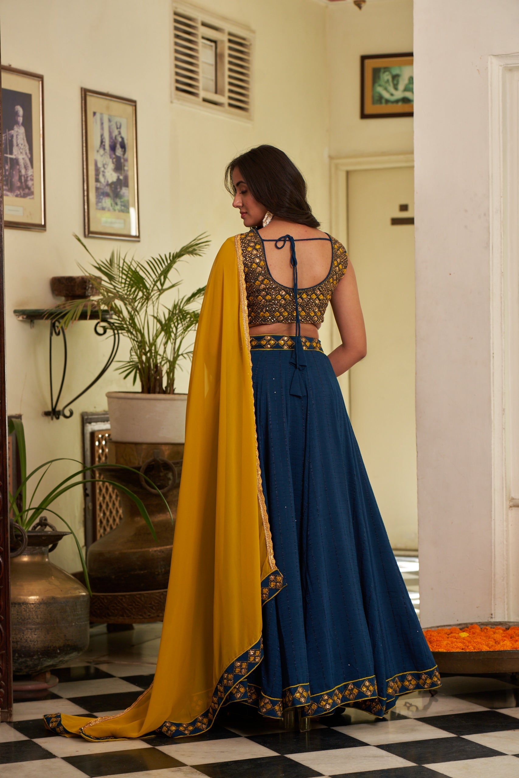Blue Sequins Embroidered Chanderi Lehenga Choli