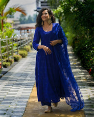 AZURE BLUE COLOR ANARKALI SUIT WITH FLOWER EMBROIDERY BUTI IN TOP AND DUPATTA