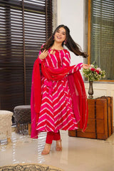 PINK RED COLOURED  WOMEN'S MUSLIN EMBROIDERED  KURTA WITH PANT DUPATTA SET