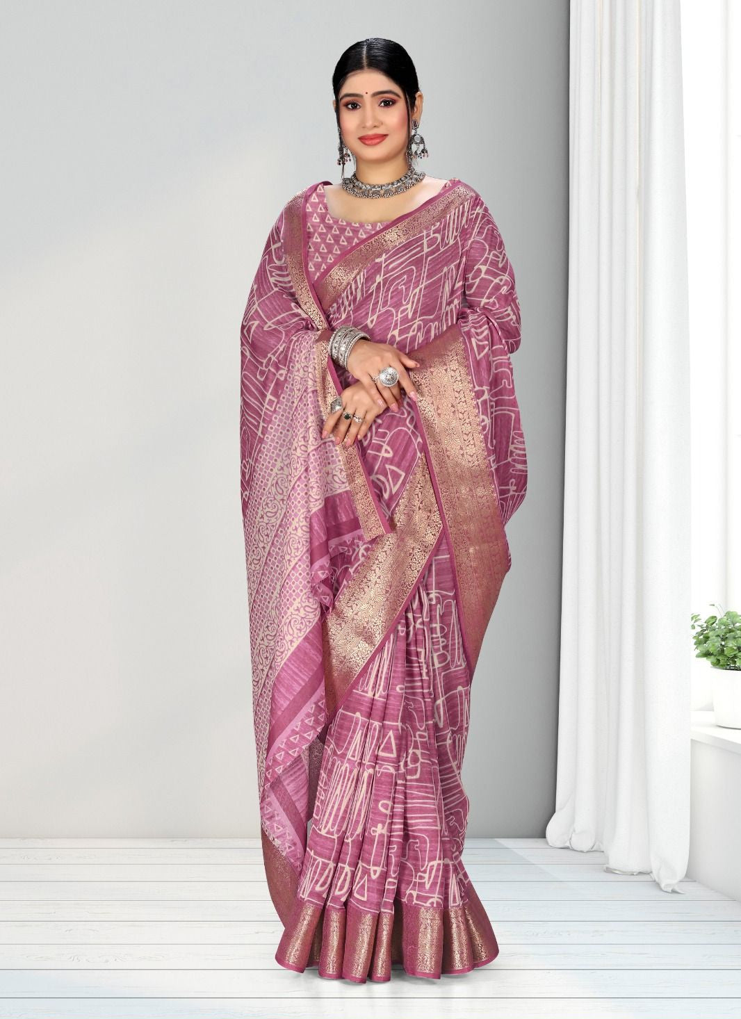 Geometric Print Zari border Soft cotton saree with blouse for women