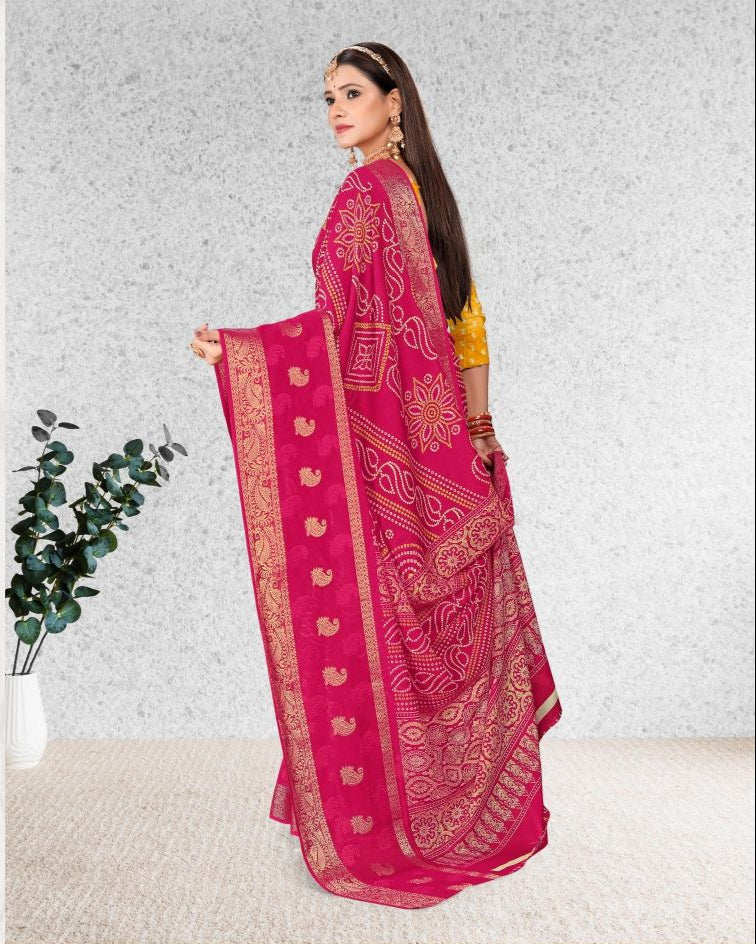 Bandhani Print Jacquard border Cotton saree with blouse for women