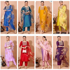 Taffeta Silk Kurti Set with Embroidery & Organza Dupatta