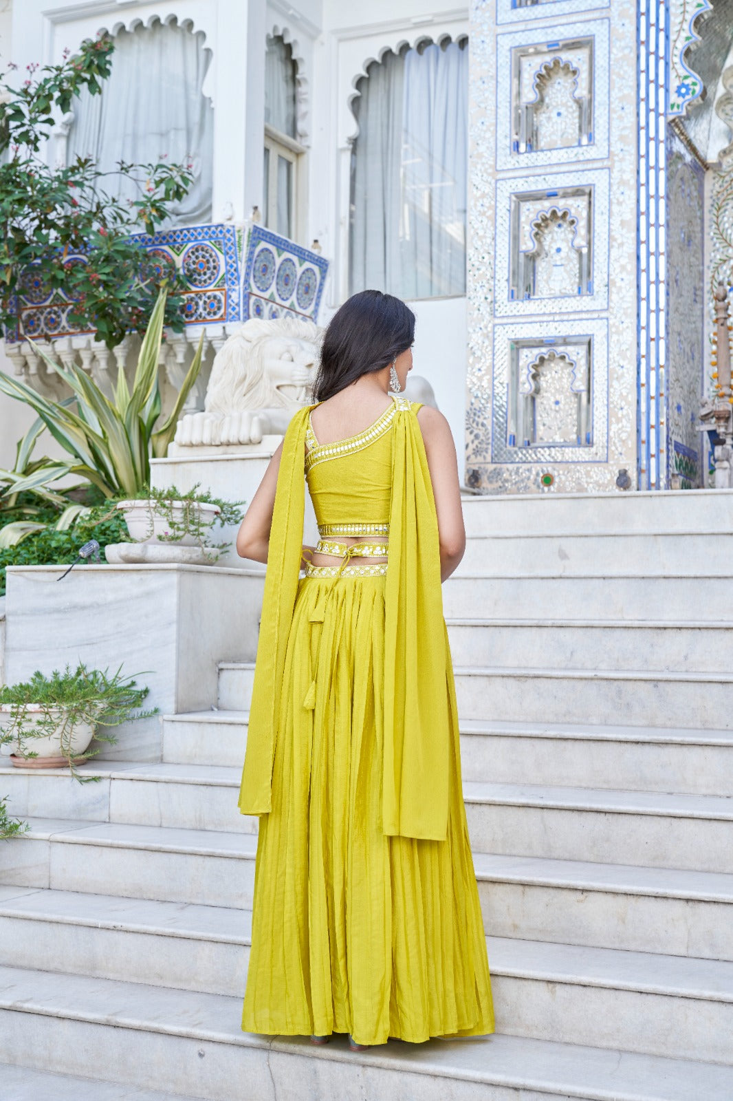Lemon Green Embroidered Chiffon Plated Lehenga Choli