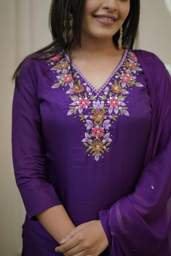 DARK PURPLE COLOURED  WOMEN'S CHANDERI SILK   EMBROIDERED   KURTA  WITH PANT DUPATTA  SET