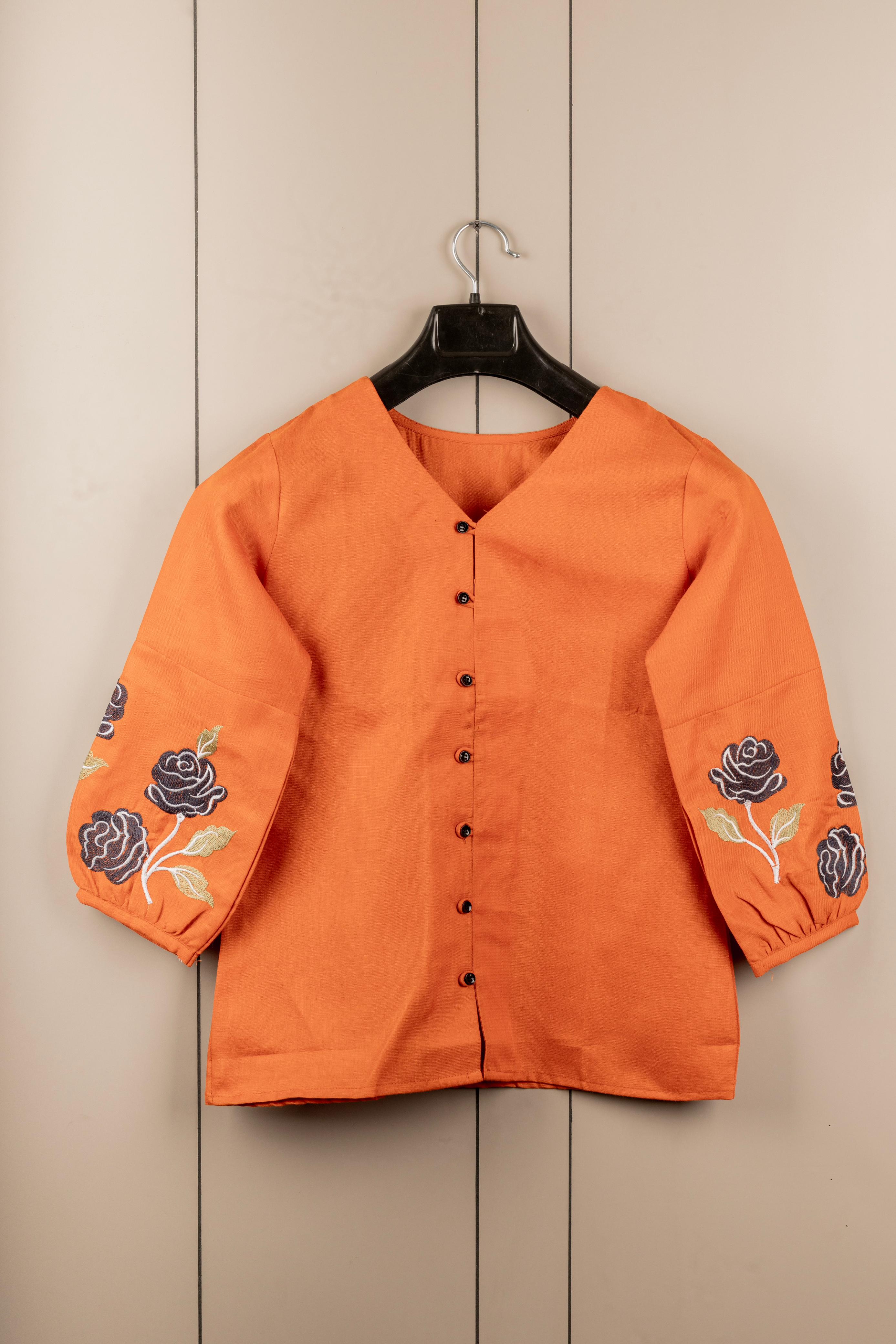 Saffron Embroidered Bell-Sleeve Tunic for Women – Stylish Cotton Blend Solid Top | Elegant 3/4 Sleeve Casual & Office Wear Malaysia 2025 (C-04)
