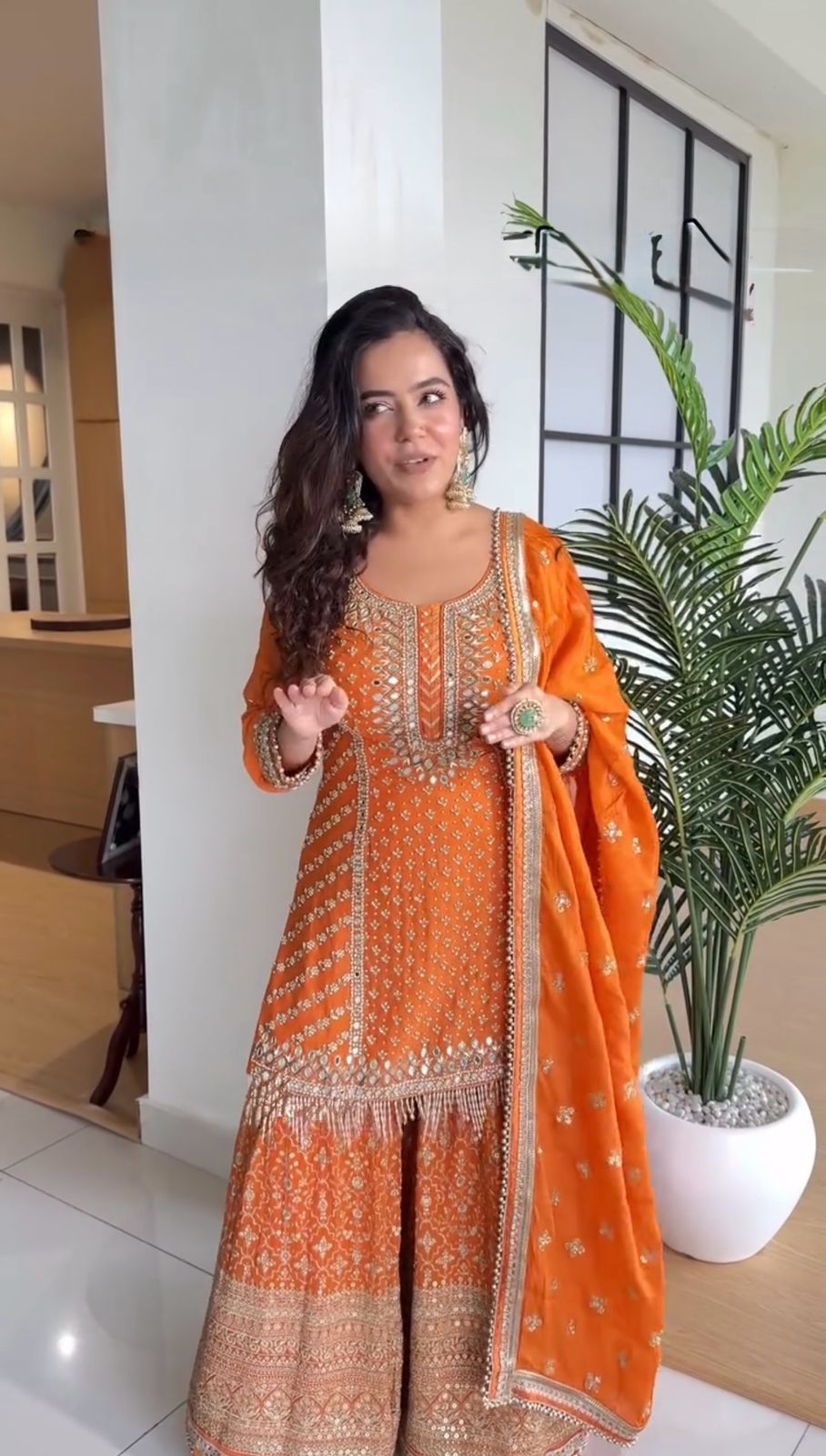 Orange Faux Georgette sequins embroidery readymade Sharara suit