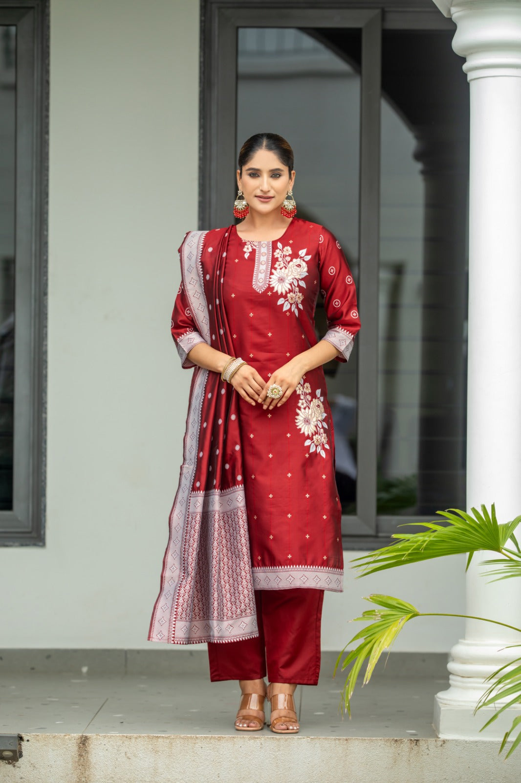 MAROON  COLOURED WOMEN'S POLYSTER  KURTA WITH  DUPATTA SET