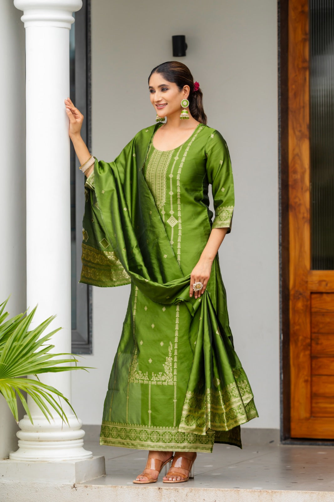 MAHENDI COLOURED WOMEN'S POLYSTER  KURTA WITH  DUPATTA SET
