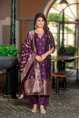 BROWN  COLOURED  WOMEN'S POLYSTER  KURTA WITH  DUPATTA SET