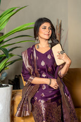 BROWN  COLOURED  WOMEN'S POLYSTER  KURTA WITH  DUPATTA SET