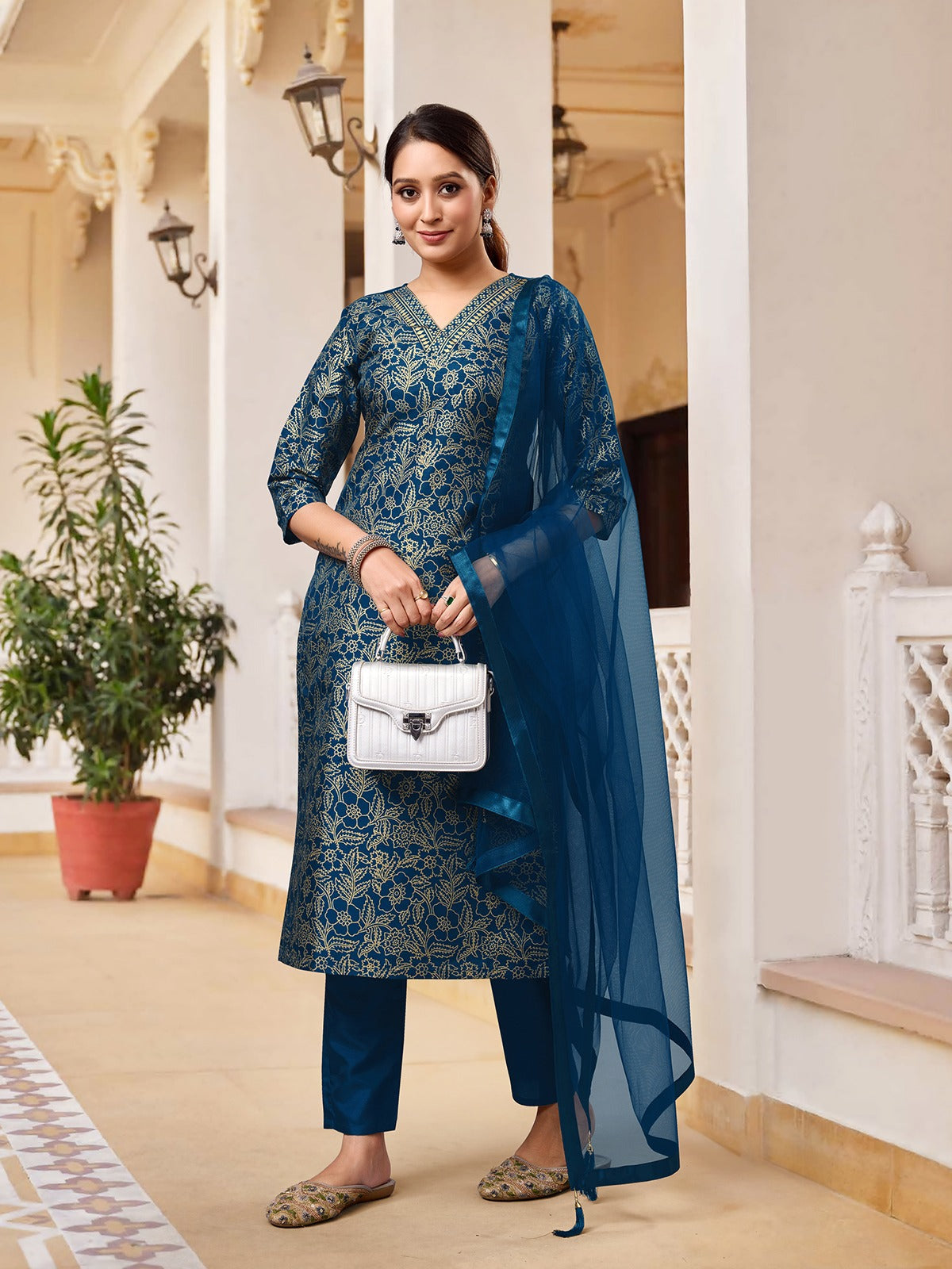 RAMA  COLOURED  WOMEN'S  RAYON SILK  KURTA WITH  DUPATTA SET
